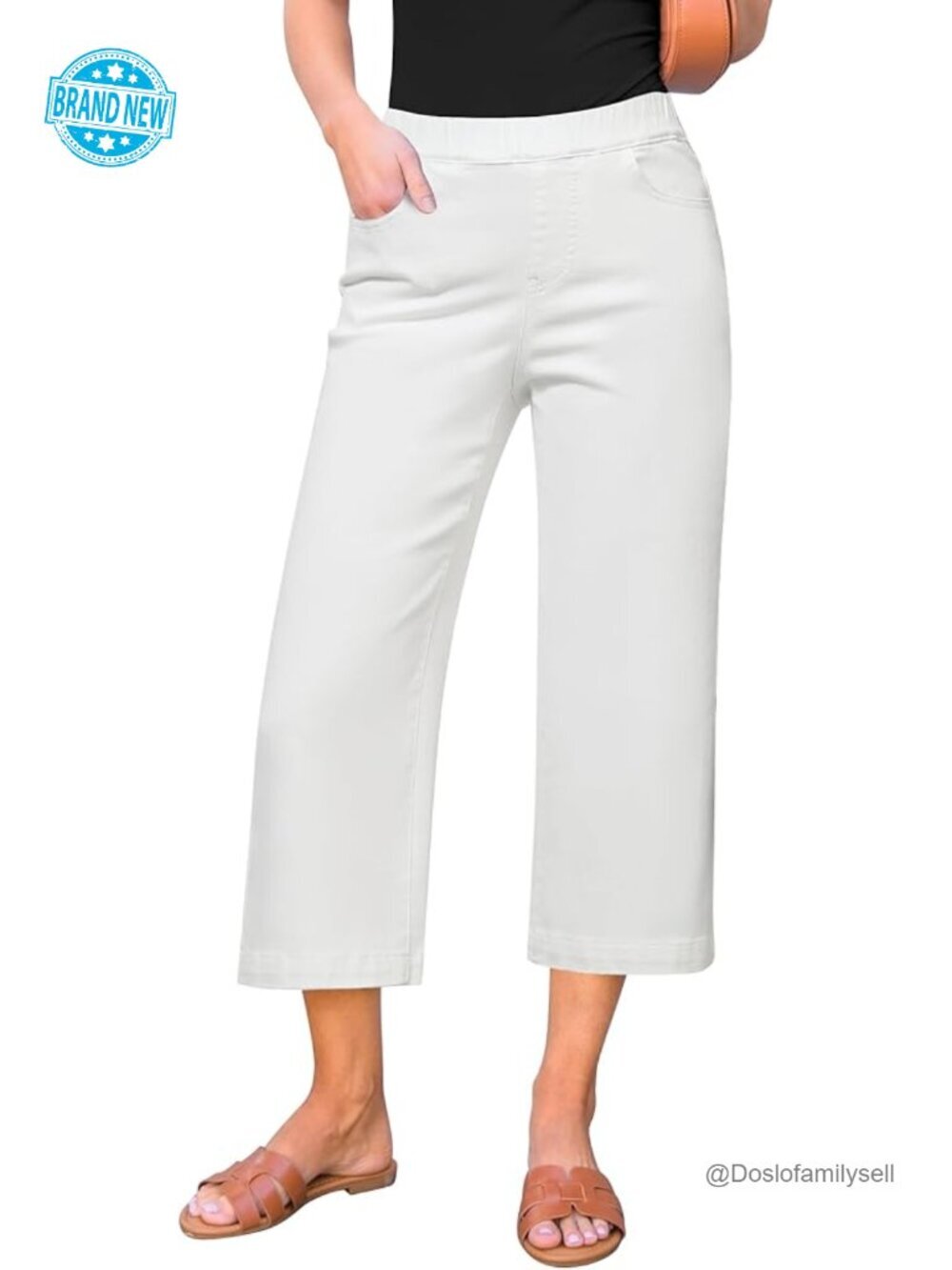 Wide Leg High Waisted Capri Jeans Elastic Waist Pull On Stretchy Denim Pants